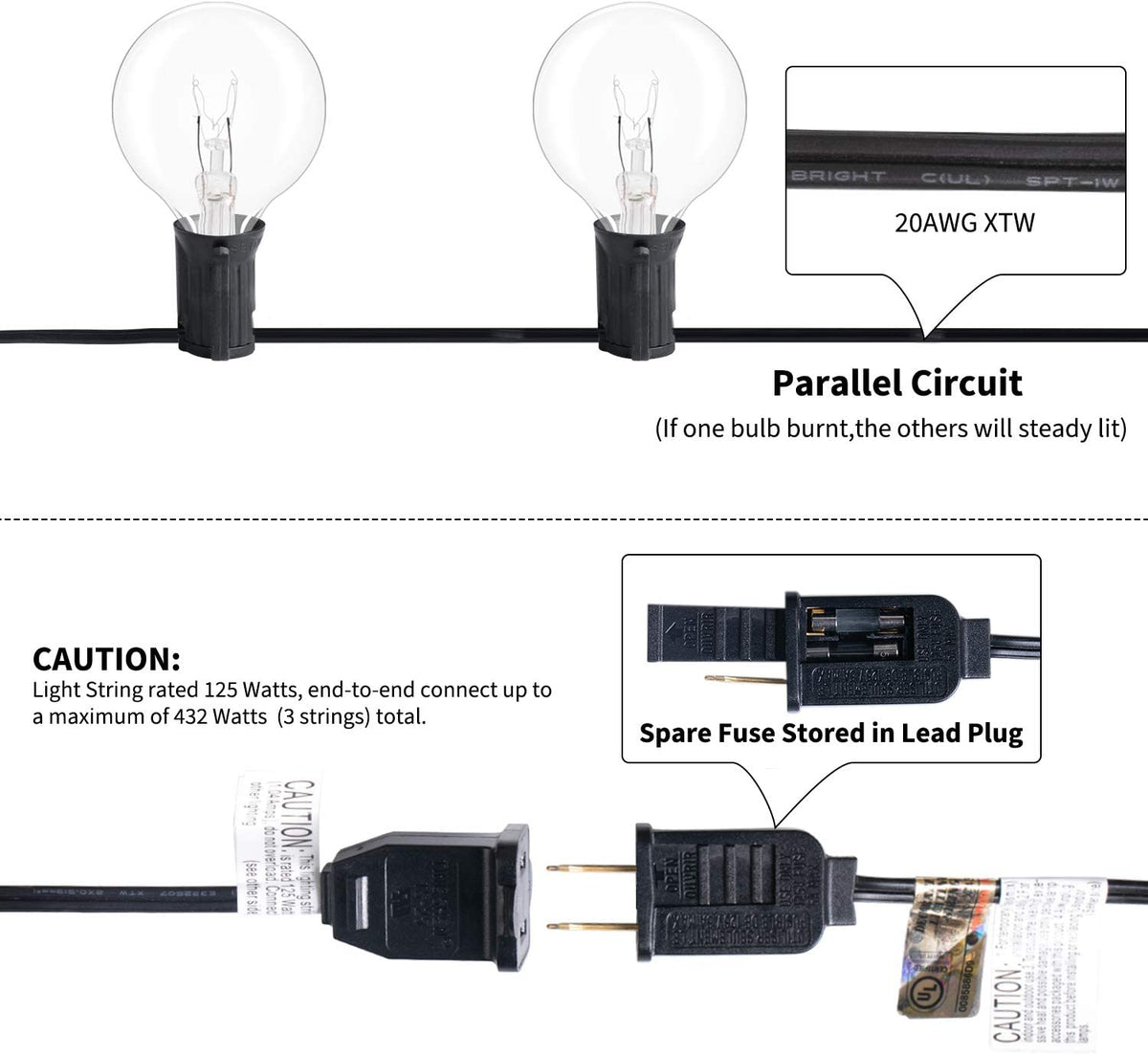 Outdoor String Lights 25 Feet G40 Globe Patio Lights with 26 Edison Glass Bulbs(1 Spare), Waterproof Connectable Hanging Lights for Backyard Porch Balcony Party Decor, E12 Socket Base, Black