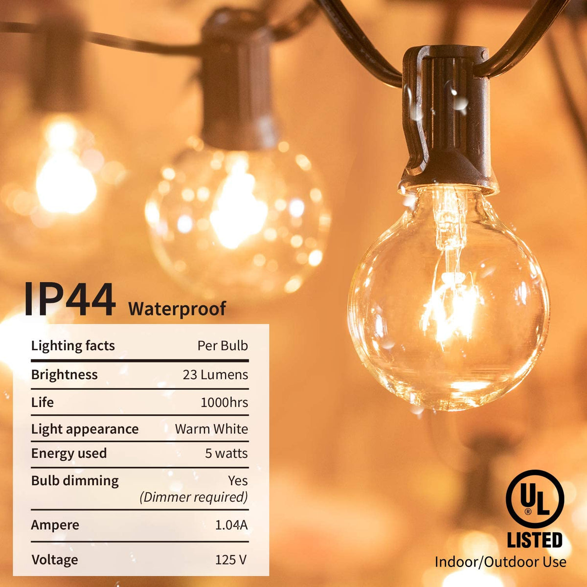 Outdoor String Lights 25 Feet G40 Globe Patio Lights with 26 Edison Glass Bulbs(1 Spare), Waterproof Connectable Hanging Lights for Backyard Porch Balcony Party Decor, E12 Socket Base, Black