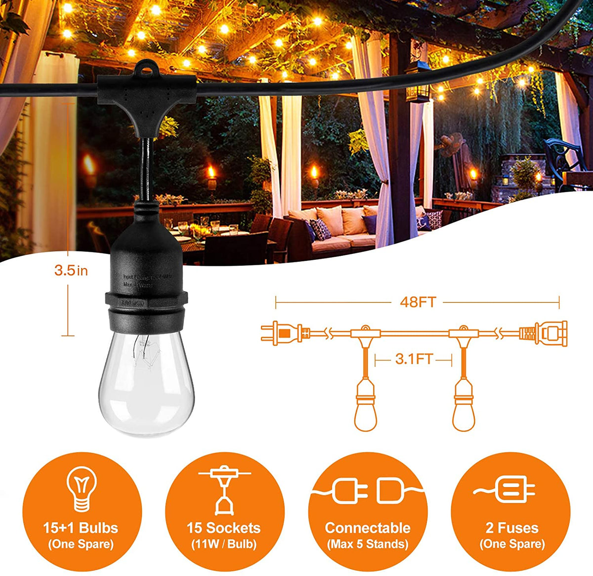 48 FT ADDLON Outdoor String Lights Commercial Grade Weatherproof Strand Edison Vintage Bulbs 15 Hanging Sockets, UL Listed Heavy-Duty Decorative Cafe Patio Lights for Bistro Garden