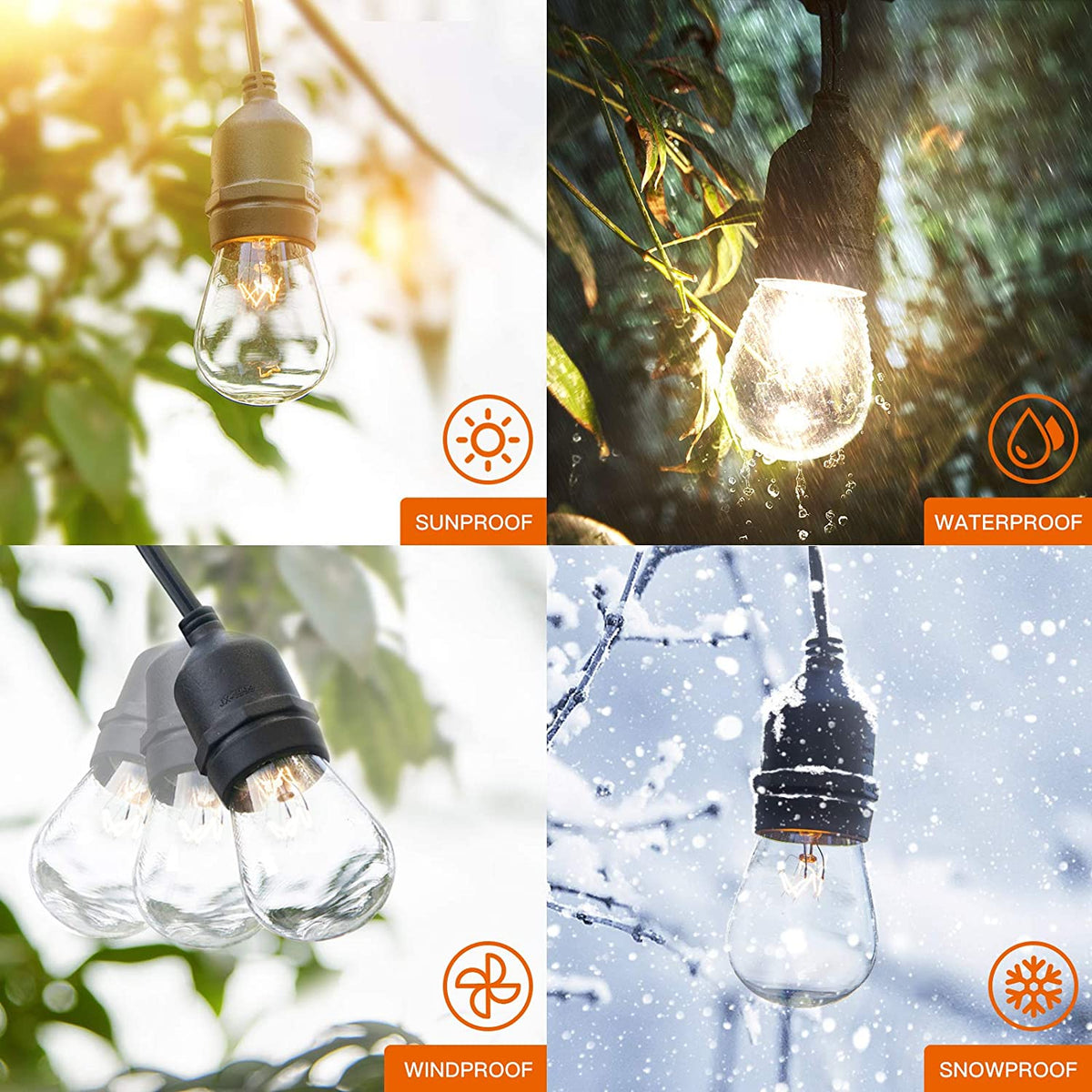 48 FT ADDLON Outdoor String Lights Commercial Grade Weatherproof Strand Edison Vintage Bulbs 15 Hanging Sockets, UL Listed Heavy-Duty Decorative Cafe Patio Lights for Bistro Garden