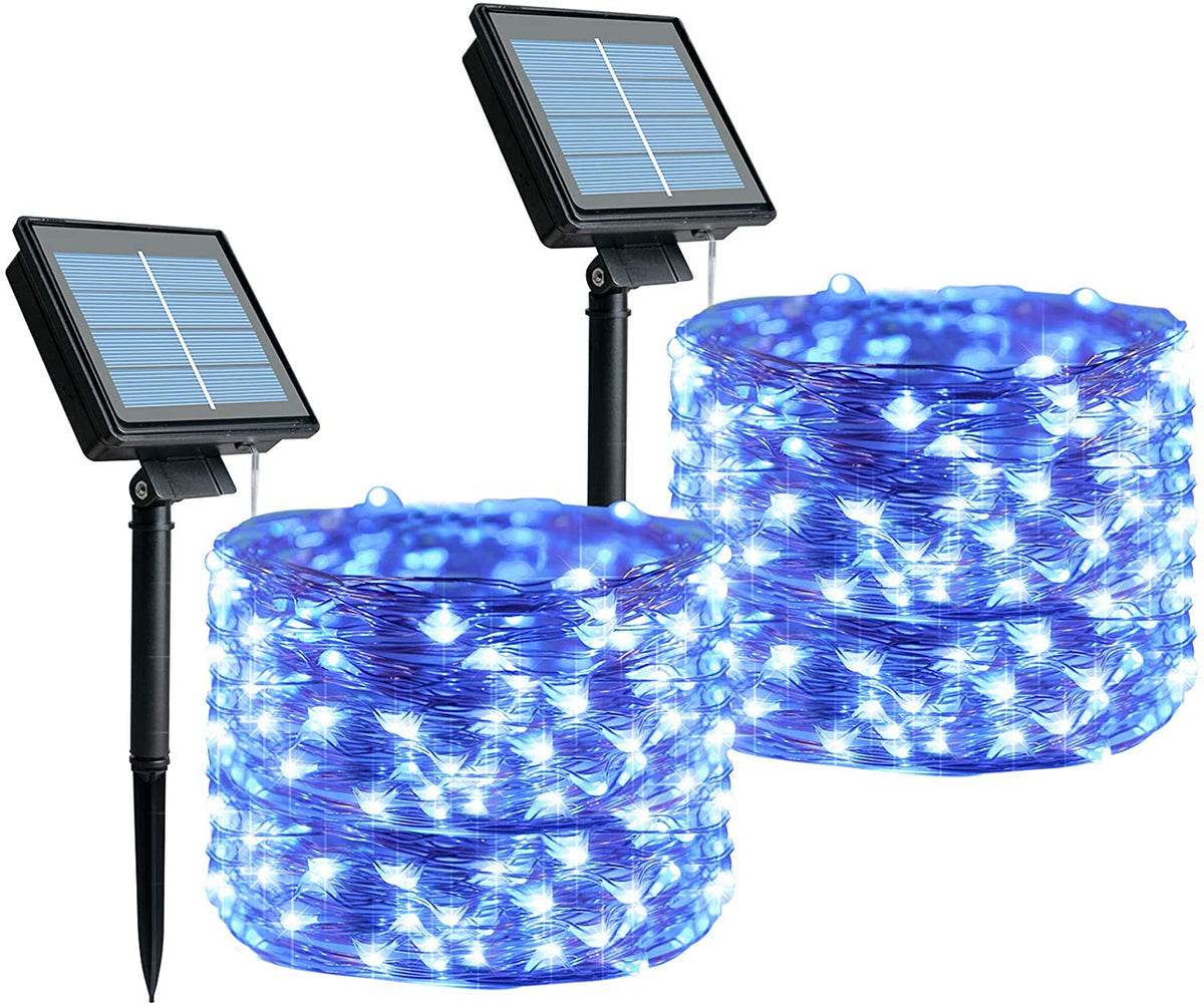 Outdoor Solar String Lights, 2 Pack 33 Feet 100 Led Solar Powered Fairy Lights with 8 Lighting Modes Waterproof Decoration Copper Wire Lights for Patio Yard Trees Christmas Wedding Party (Blue)