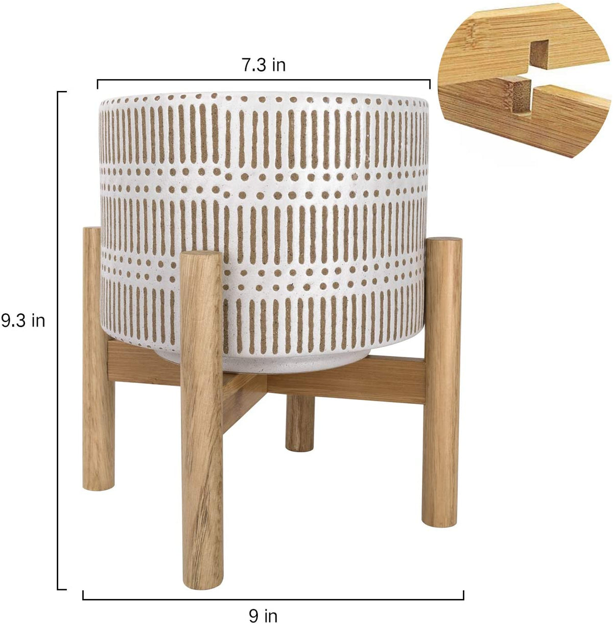 Ceramic Plant Pot with Wood Stand - 7.3 Inch Modern Round Decorative Flower Pot Indoor with Wood Planter Holder, Beige and White