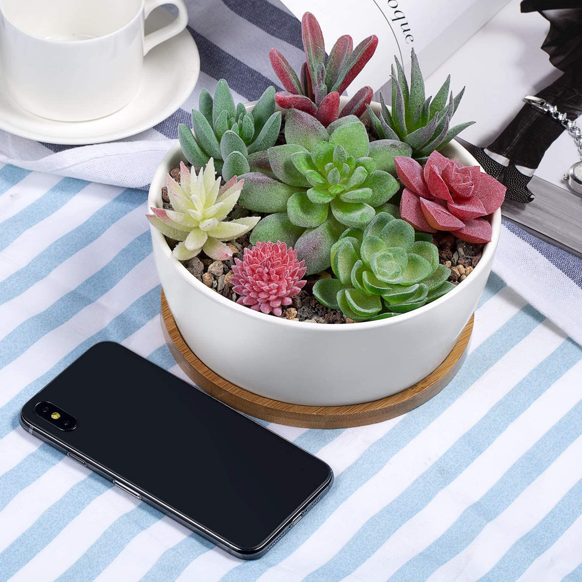 6.5 inch Round Ceramic White Succulent Cactus Planters Pots with Drainage Bamboo Trays - Plants Not Included