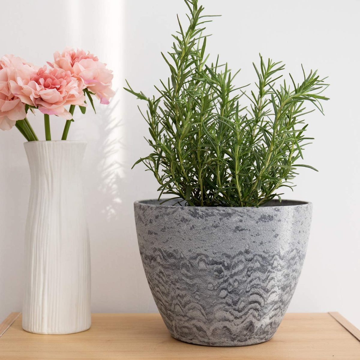 Flower Pots Outdoor Indoor Garden Planters, Plant Containers with Drain Hole, Gray, Marble Pattern (8.6 + 7.5 Inch)