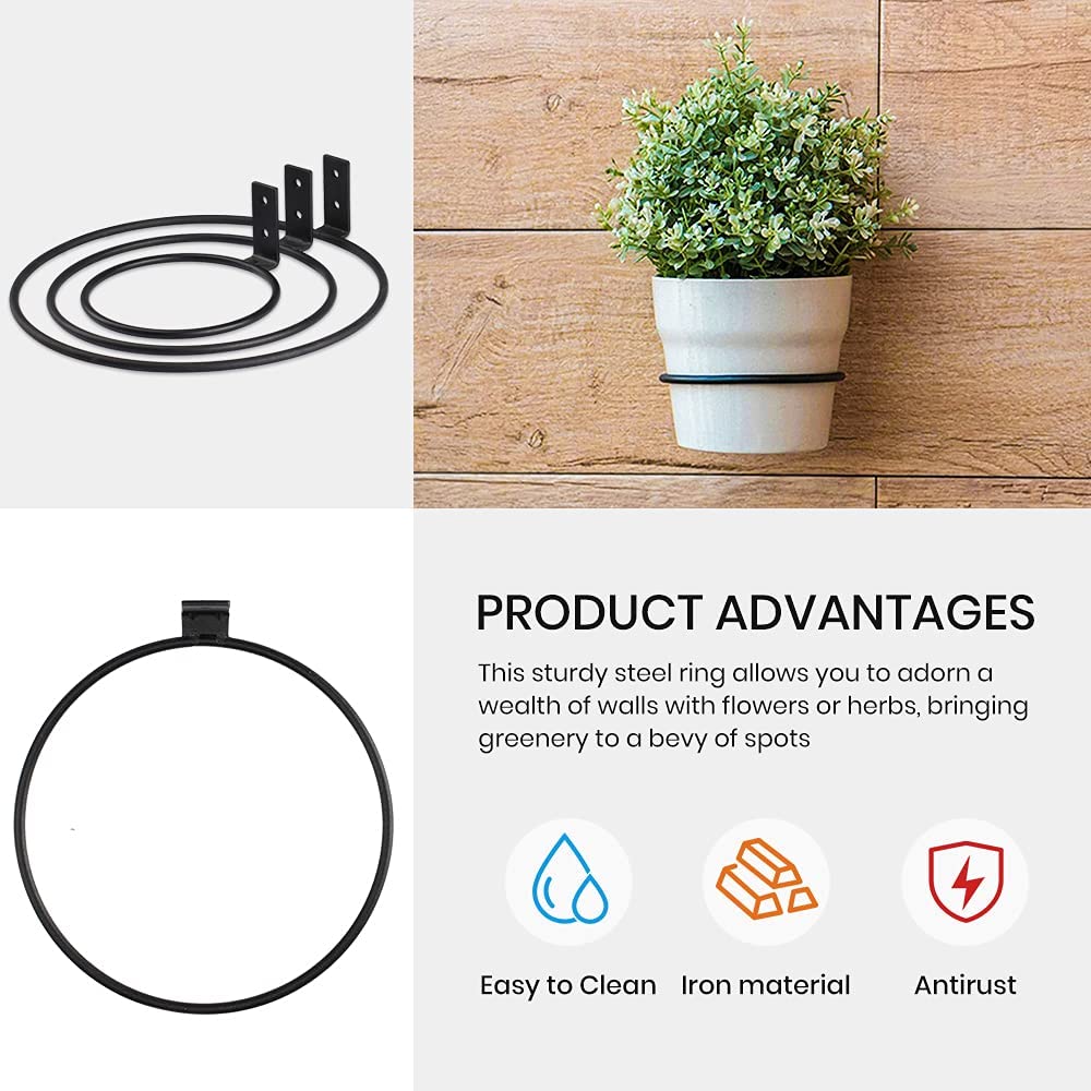 Flower Plant Holder Ring Wall Mounted,4 Inch Plant Wall Hanger Rings,Metal Plant Holders Wall Planter Hook 3 Pack Black