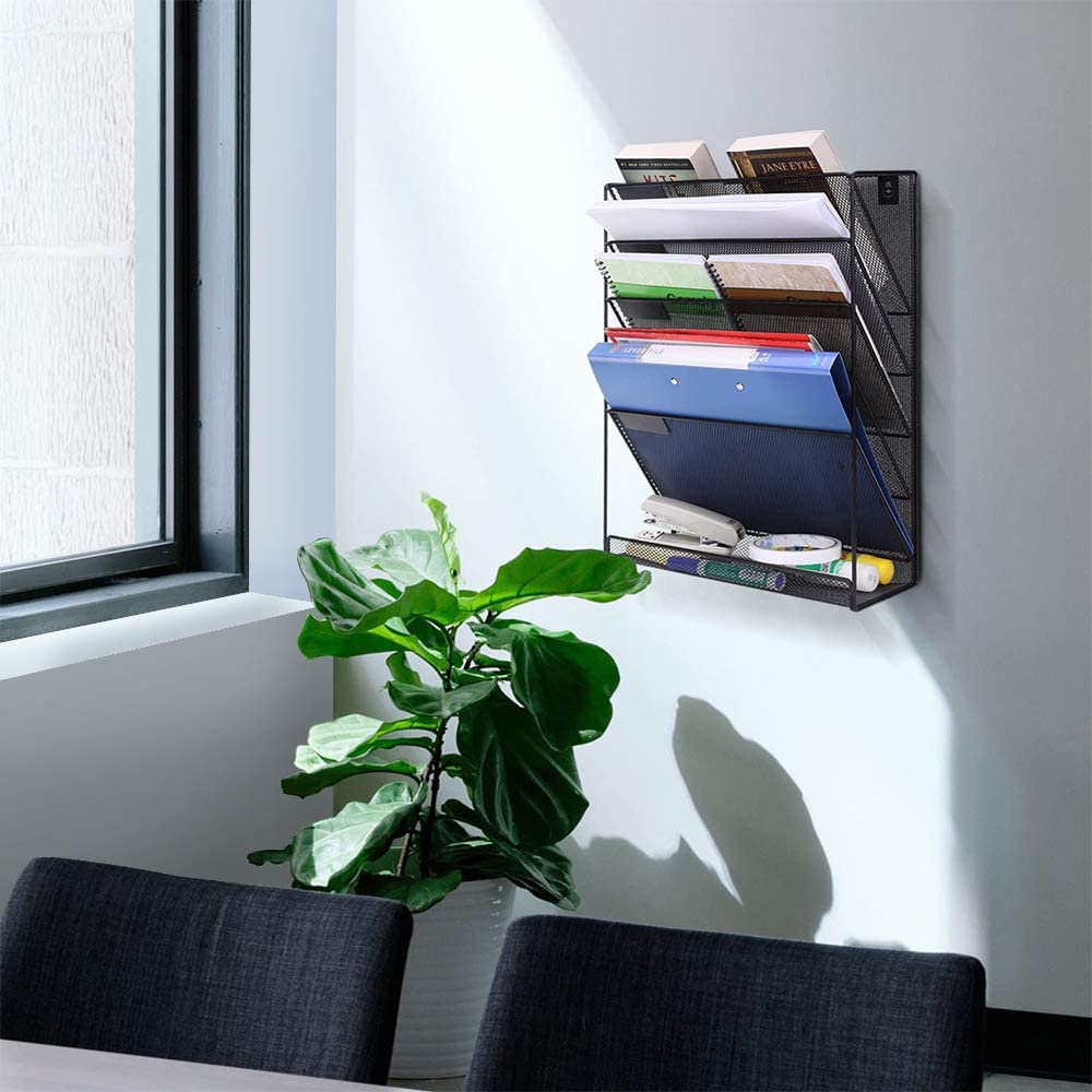 Mesh Hanging Wall File Organizer 5 Tier Vertical Mount, Durable Wall File Holder with Bottom Flat Tray for Office Home， Black