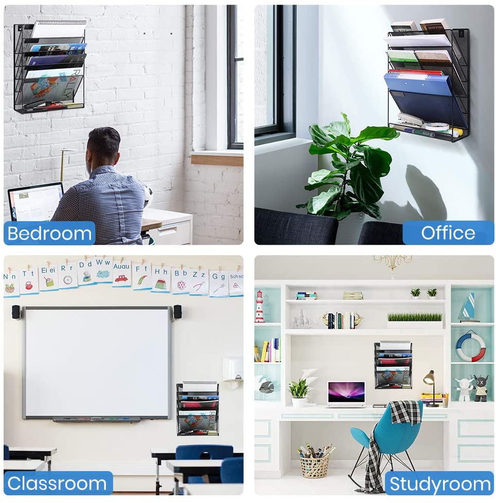 Mesh Hanging Wall File Organizer 5 Tier Vertical Mount, Durable Wall File Holder with Bottom Flat Tray for Office Home， Black