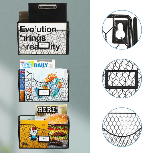 3 Pockets Hanging Wall File Organizer, File Folder and Mail Holder for Wall, Metal Chicken Wire Baskets with Tag Slot for Office and Home, Black