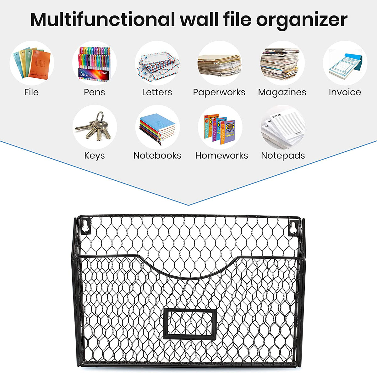 3 Pockets Hanging Wall File Organizer, File Folder and Mail Holder for Wall, Metal Chicken Wire Baskets with Tag Slot for Office and Home, Black