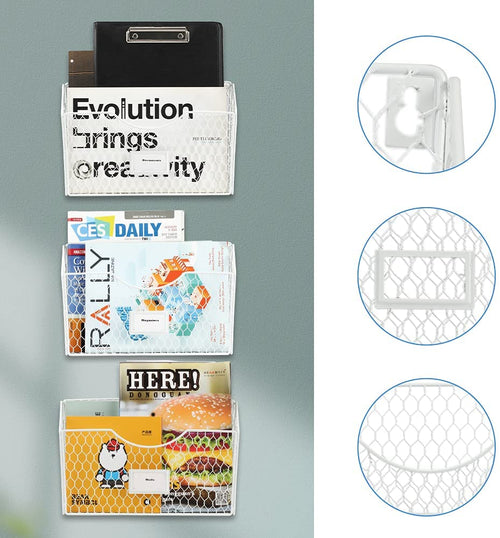 3 Pockets Hanging Wall File Organizer, File Folder and Mail Holder for Wall, Metal Chicken Wire Baskets with Tag Slot for Office and Home, White