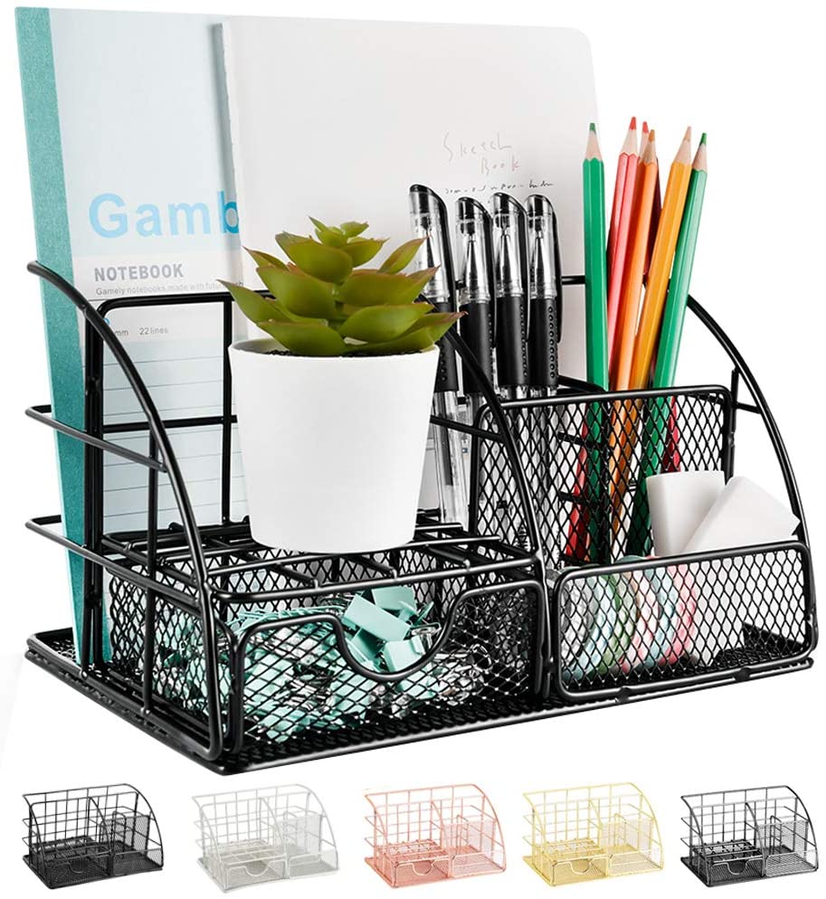 Desk Organizer, Mesh Office Supplies Desk Accessories, Features 5 Compartments + 1 Mini Sliding Drawer(Black)