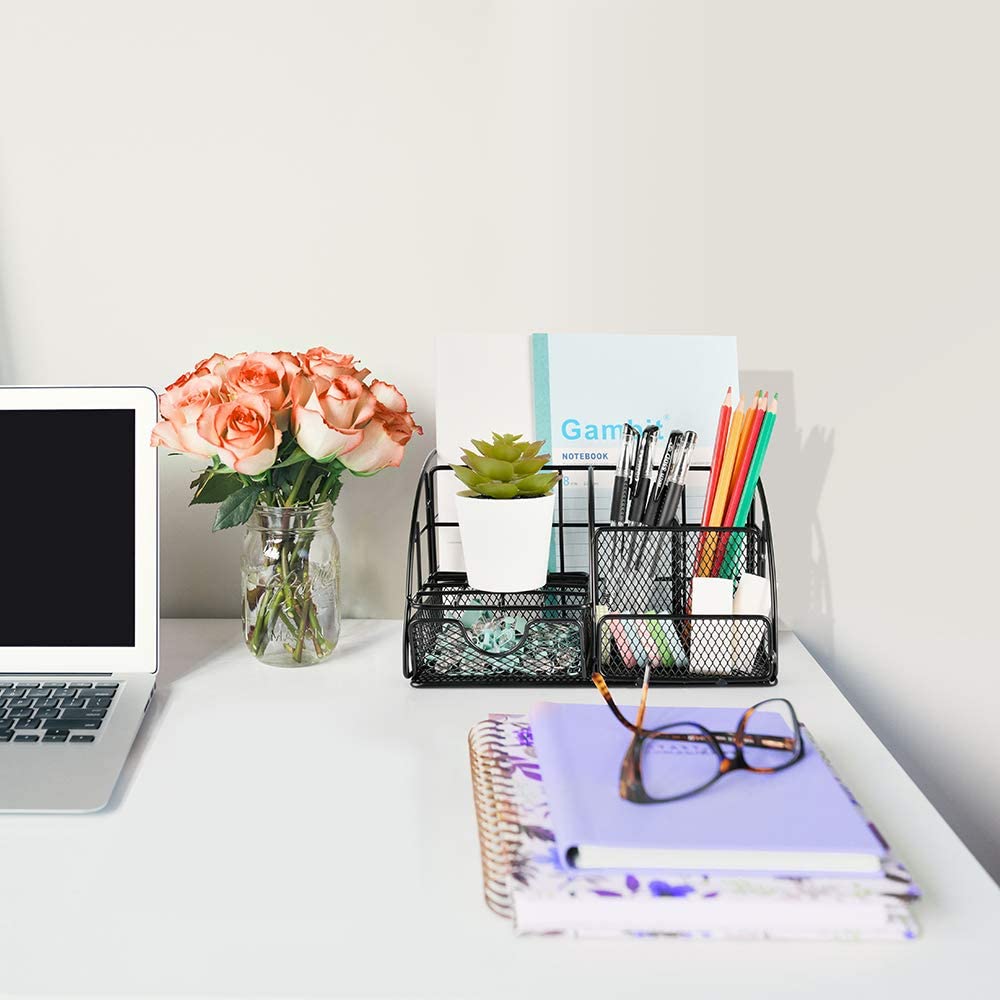 Desk Organizer, Mesh Office Supplies Desk Accessories, Features 5 Compartments + 1 Mini Sliding Drawer(Black)