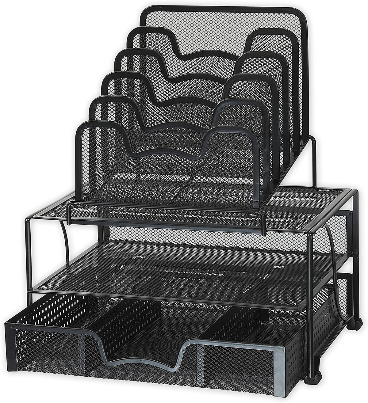 Office Racks & Displays Mesh Desk Organizer with Sliding Drawer, Double Tray and 5 Stacking Sorter Sections, Black