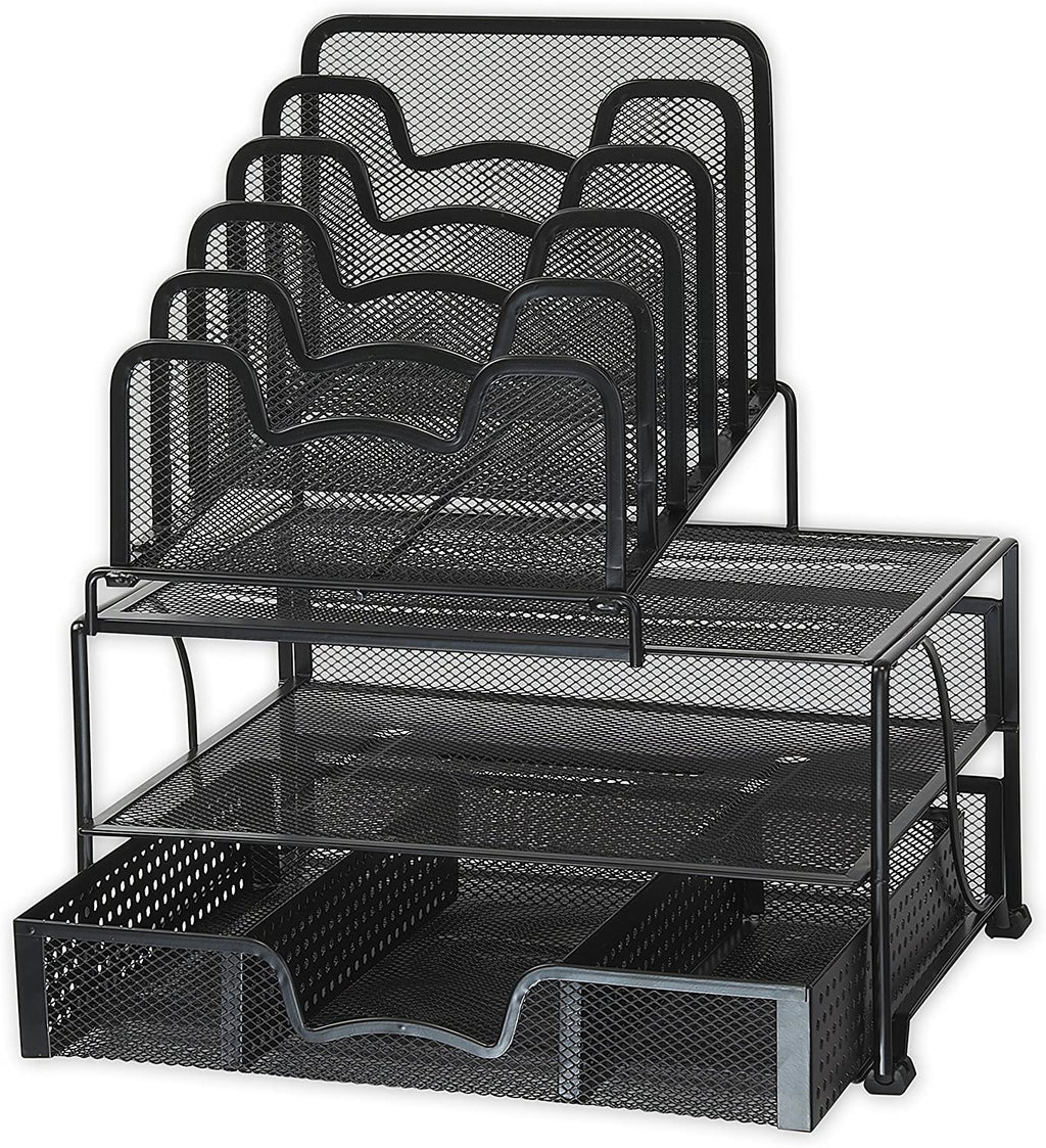 Office Racks & Displays Mesh Desk Organizer with Sliding Drawer, Double Tray and 5 Stacking Sorter Sections, Black