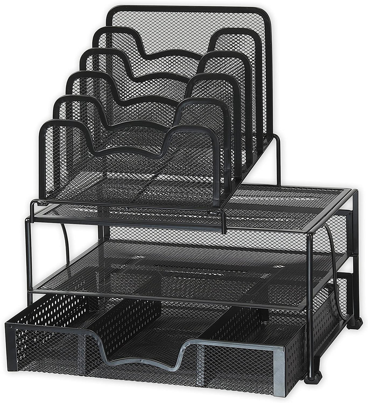 Office Racks & Displays Mesh Desk Organizer with Sliding Drawer, Double Tray and 5 Stacking Sorter Sections, Black