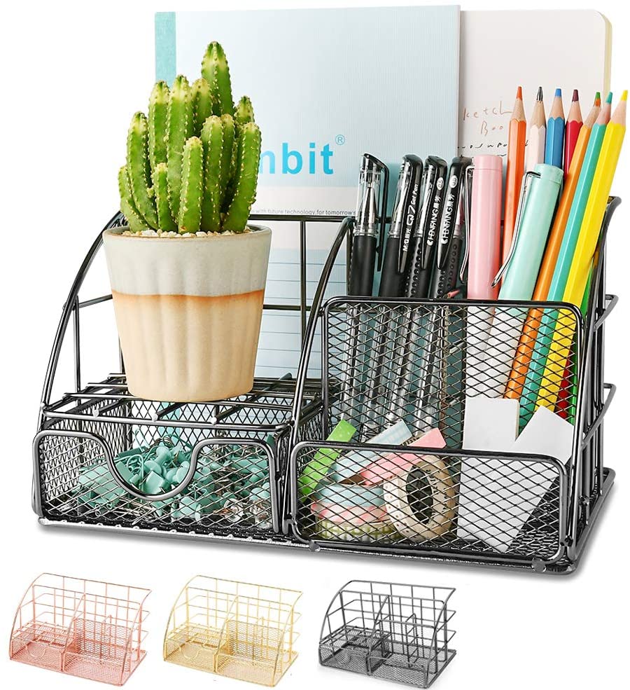 Desk Organizer, Mesh Office Supplies Desk Accessories, Features 5 Compartments + 1 Mini Sliding Drawer(Dark Gray)