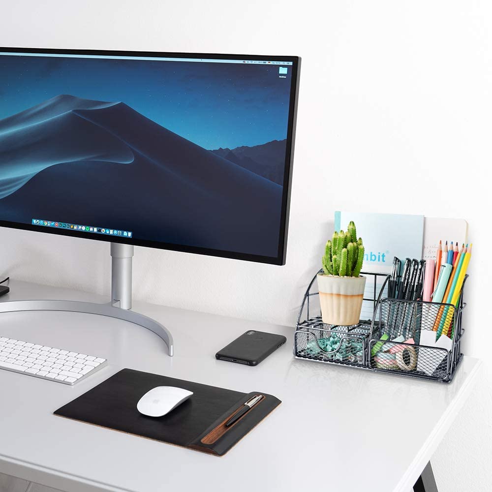 Desk Organizer, Mesh Office Supplies Desk Accessories, Features 5 Compartments + 1 Mini Sliding Drawer(Dark Gray)