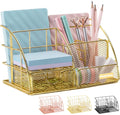 Gold Desk Organizer, AUPSEN Mesh Office Supplies Desk Accessories, Features 5 Compartments + 1 Mini Sliding Drawer