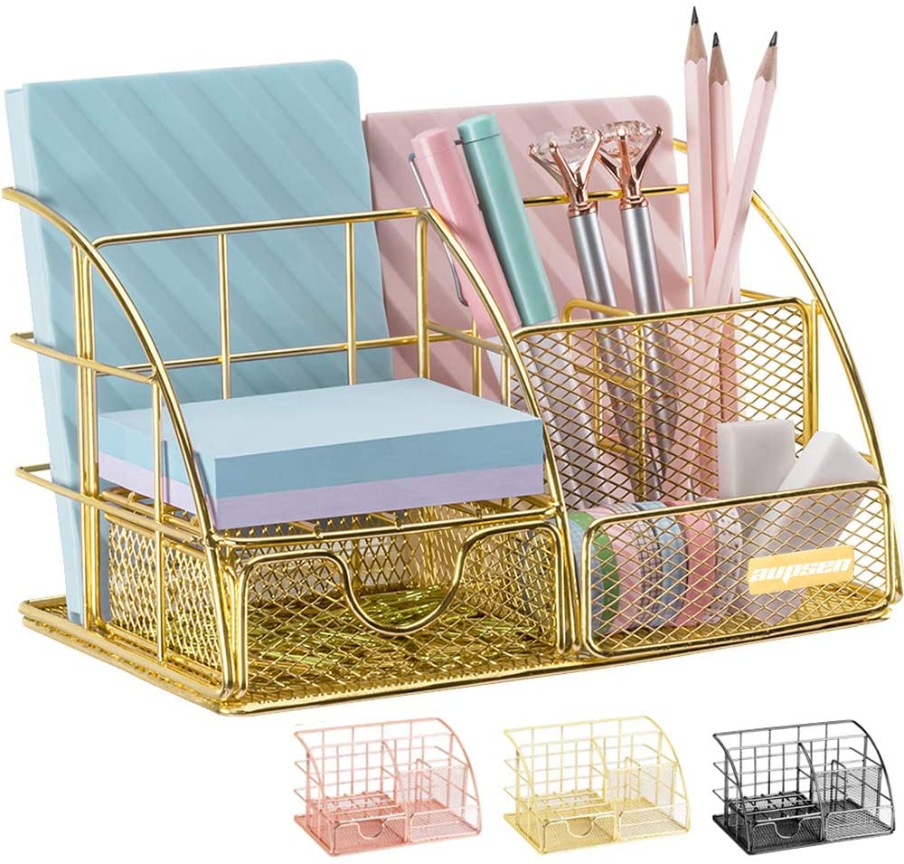 Gold Desk Organizer, AUPSEN Mesh Office Supplies Desk Accessories, Features 5 Compartments + 1 Mini Sliding Drawer