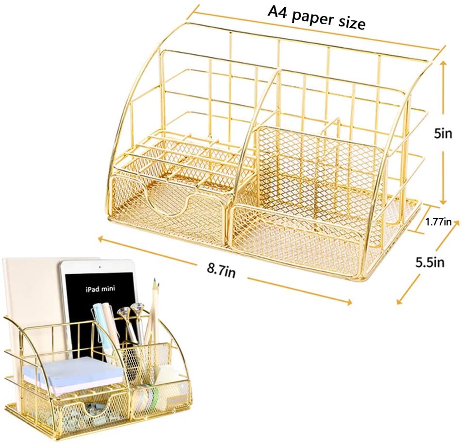 Gold Desk Organizer, AUPSEN Mesh Office Supplies Desk Accessories, Features 5 Compartments + 1 Mini Sliding Drawer
