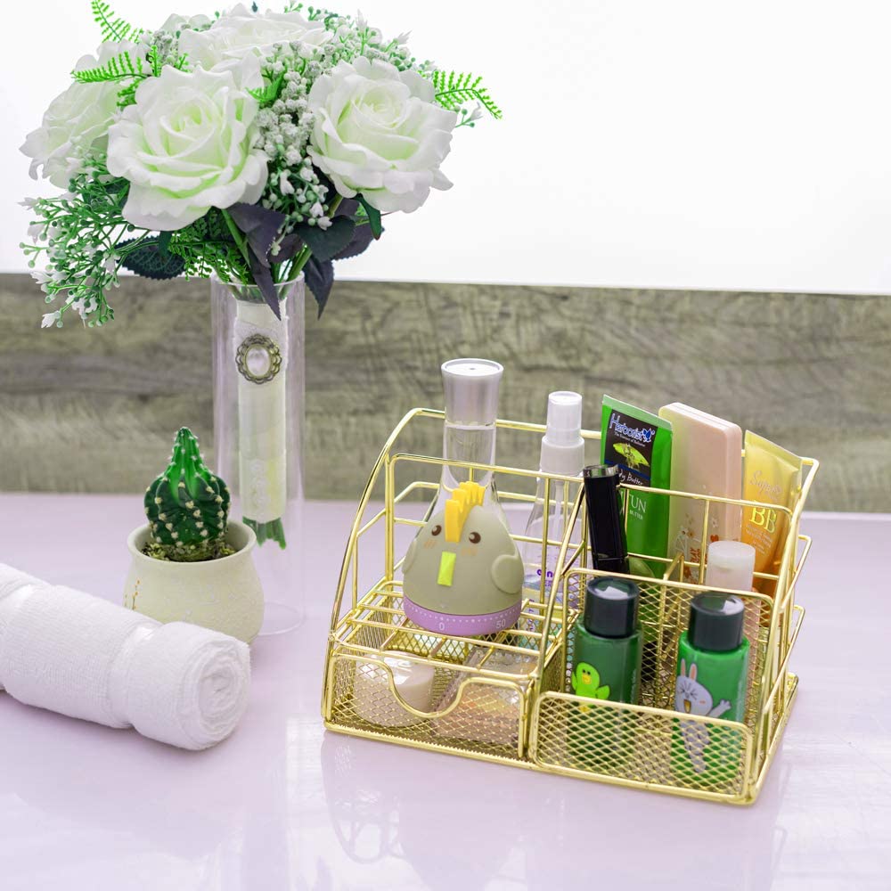 Gold Desk Organizer, AUPSEN Mesh Office Supplies Desk Accessories, Features 5 Compartments + 1 Mini Sliding Drawer