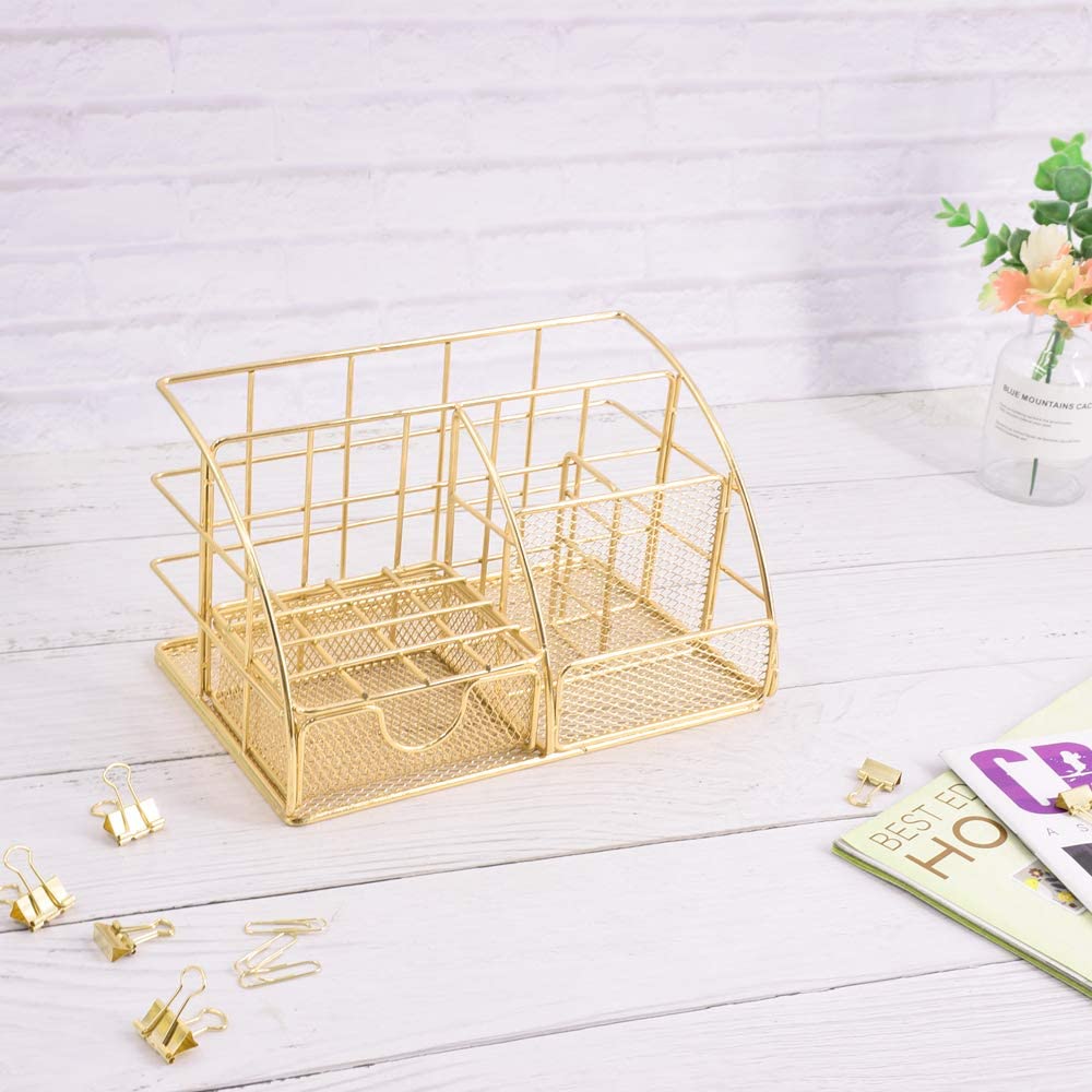 Gold Desk Organizer, AUPSEN Mesh Office Supplies Desk Accessories, Features 5 Compartments + 1 Mini Sliding Drawer