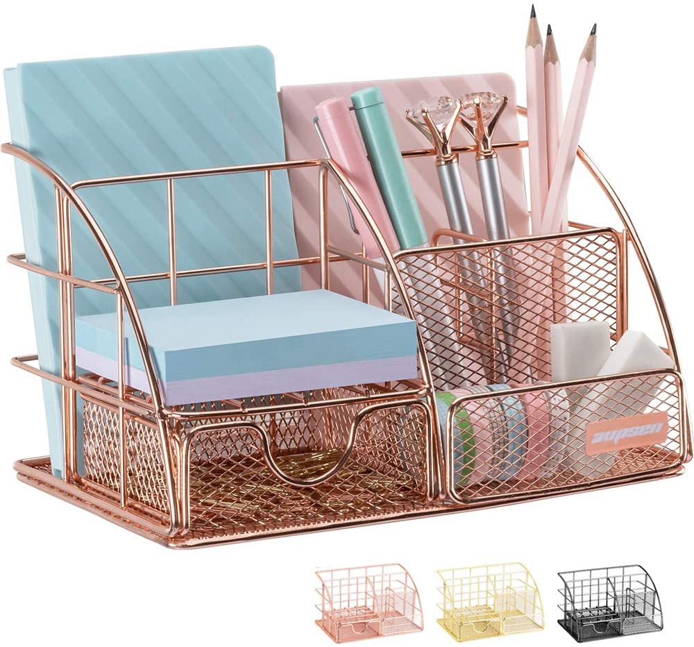 Rose Gold Desk Organizer for Women, AUPSEN Mesh Office Supplies Desk Accessories, Features 5 Compartments + 1 Mini Sliding Drawer