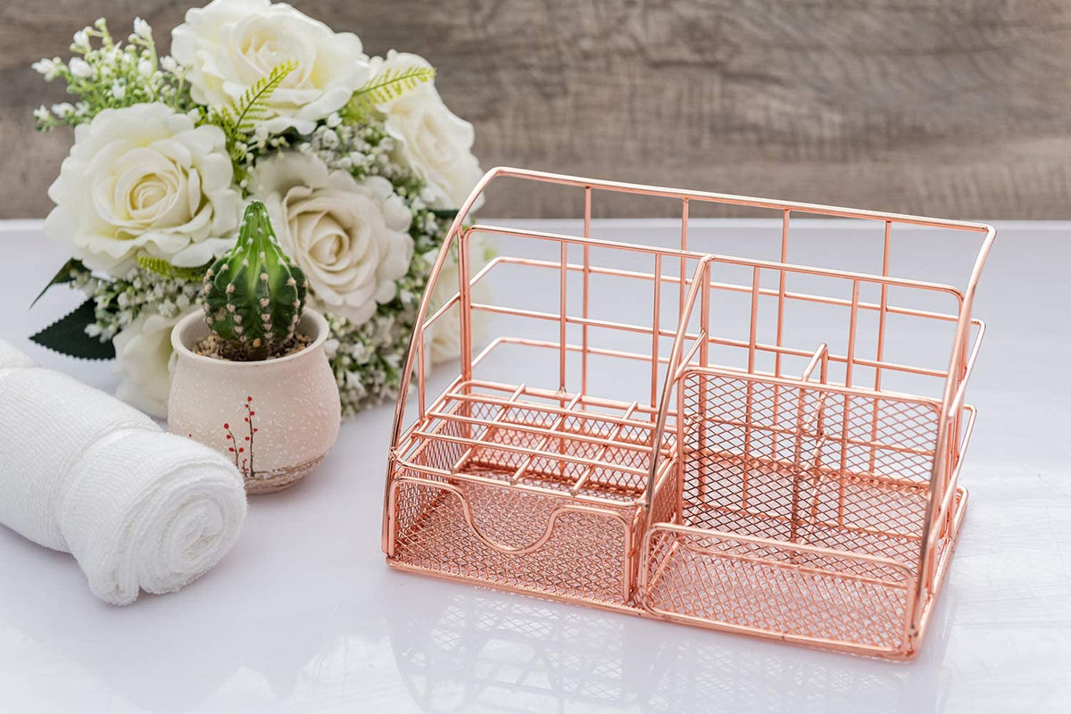 Rose Gold Desk Organizer for Women, AUPSEN Mesh Office Supplies Desk Accessories, Features 5 Compartments + 1 Mini Sliding Drawer