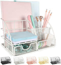 Desk Organizer, Mesh Office Supplies Desk Accessories, Features 5 Compartments + 1 Mini Sliding Drawer(White)