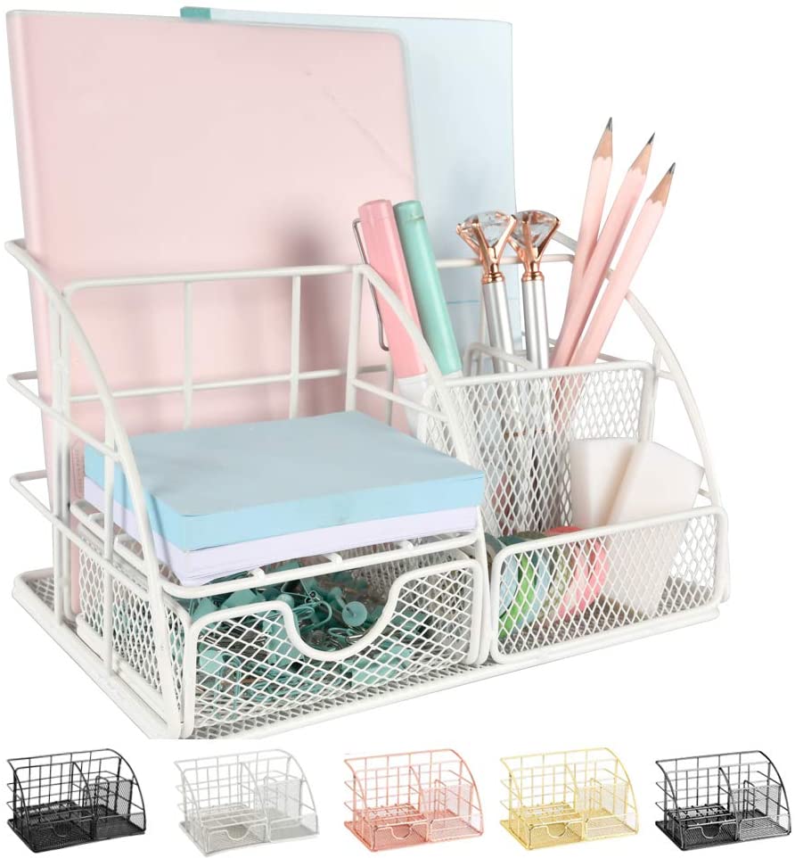 Desk Organizer, Mesh Office Supplies Desk Accessories, Features 5 Compartments + 1 Mini Sliding Drawer(White)