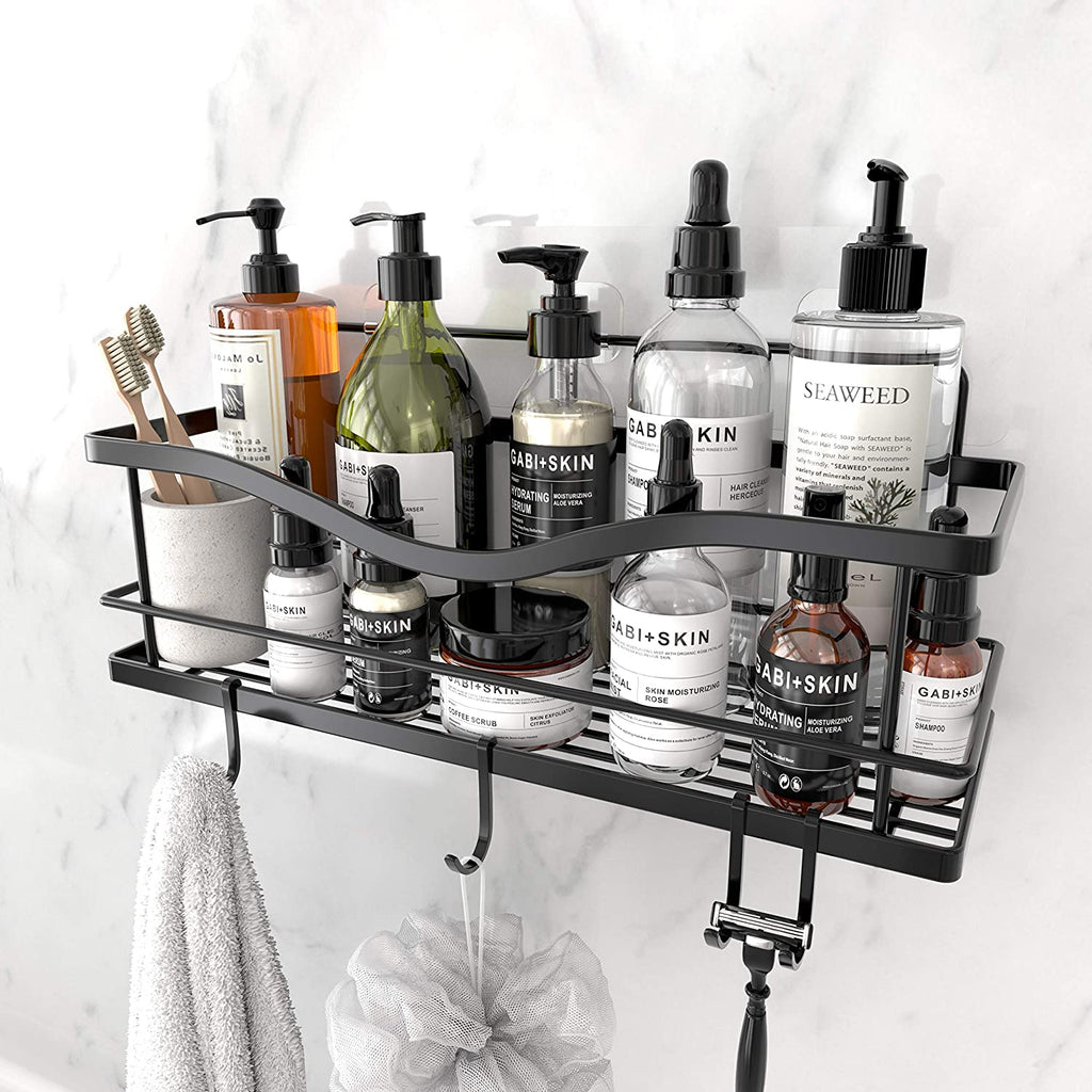 Shower Caddy Basket Shelf with Hooks, Caddy Organizer Wall Mounted Rustproof Basket with Adhesive, No Drilling, 304 Stainless Steel Black