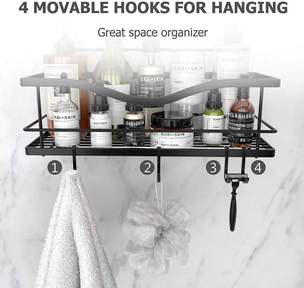 Shower Caddy Basket Shelf with Hooks, Caddy Organizer Wall Mounted Rustproof Basket with Adhesive, No Drilling, 304 Stainless Steel Black