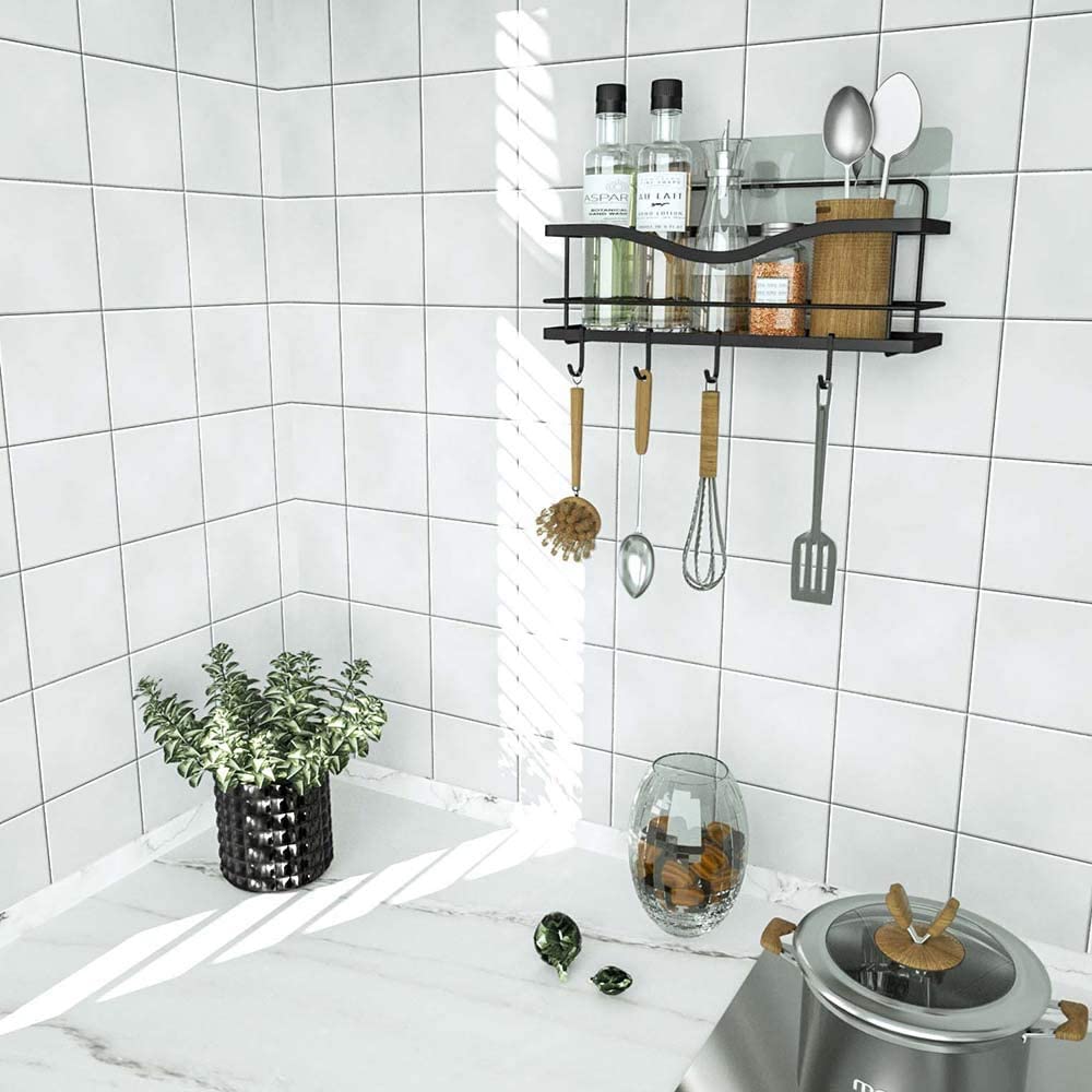 Shower Caddy Basket Shelf with Hooks, Caddy Organizer Wall Mounted Rustproof Basket with Adhesive, No Drilling, 304 Stainless Steel Black