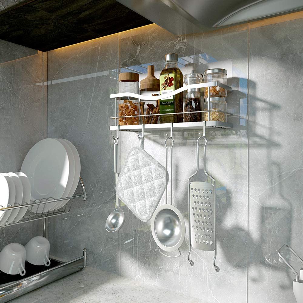 Shower Caddy Basket Shelf with Hooks for Hanging Sponge and Razor,Shampoo Holder Organizer,No Drilling Adhesive Wall Mounted Bathroom Shelf,Rustproof SUS304