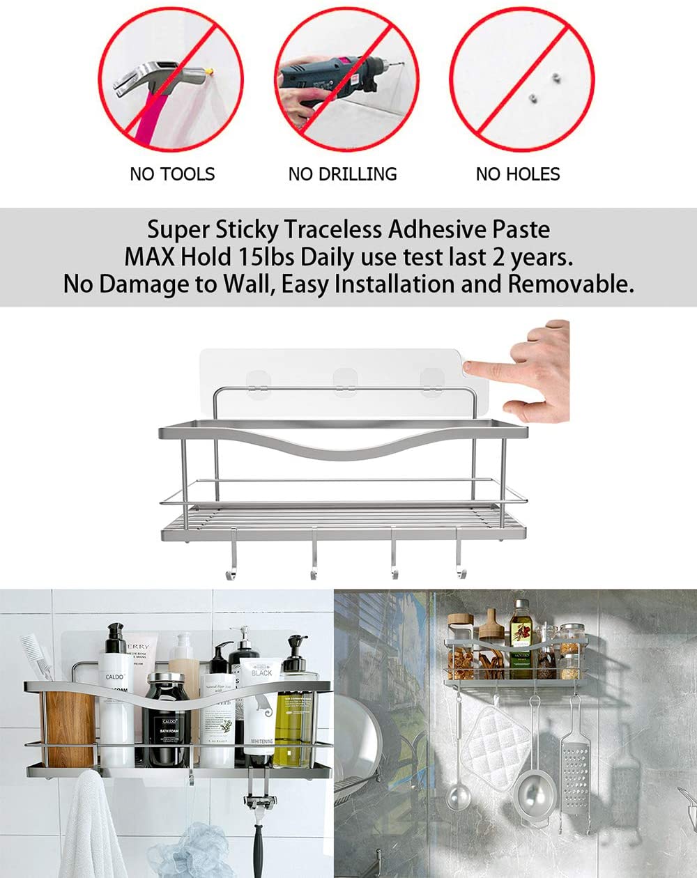 Shower Caddy Basket Shelf with Hooks for Hanging Sponge and Razor,Shampoo Holder Organizer,No Drilling Adhesive Wall Mounted Bathroom Shelf,Rustproof SUS304