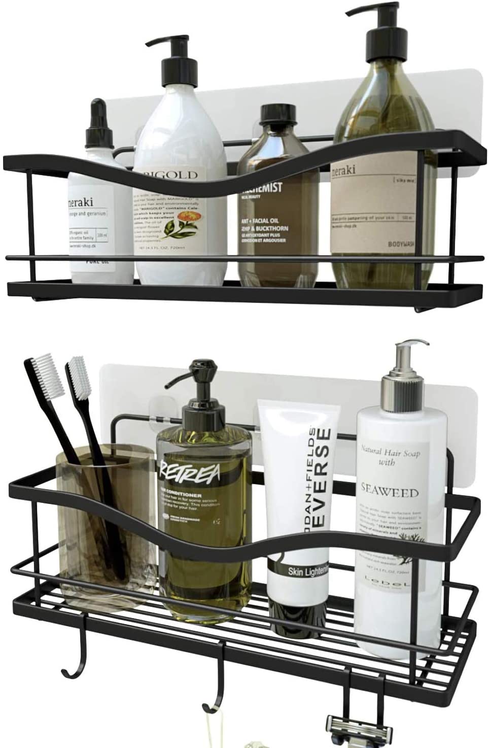 Shower Caddy Bathroom Shelf, No Drilling Traceless Adhesive Bathroom Storage Organizer, SUS304 Rustproof Food Storage Basket, 2-in-1 Kitchen Spice Racks-2 Pack (Matte Black)