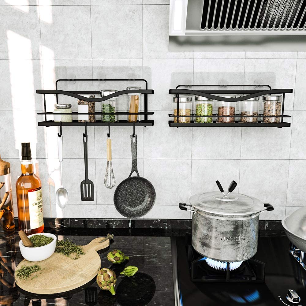 Shower Caddy Bathroom Shelf, No Drilling Traceless Adhesive Bathroom Storage Organizer, SUS304 Rustproof Food Storage Basket, 2-in-1 Kitchen Spice Racks-2 Pack (Matte Black)