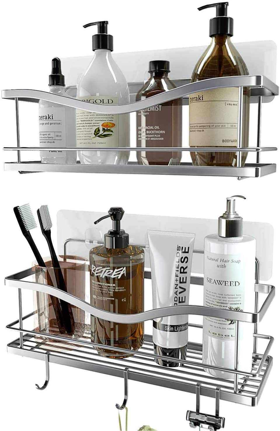 Shower Caddy Bathroom Shelf, No Drilling Traceless Adhesive Bathroom Storage Organizer, SUS304 Rustproof Food Storage Basket, 2-in-1 Kitchen Spice Racks-2 Pack (Polished Silver)