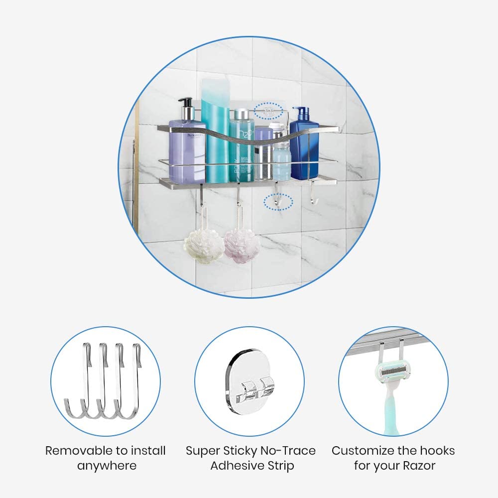 Adhesive Shower Caddy Shelf Shower Organizer Basket Wall with 4 Hooks for Razor Shampoo Holder Hanging Bathroom Shower Storage Rack-Silver-SUS 304 Rustproof