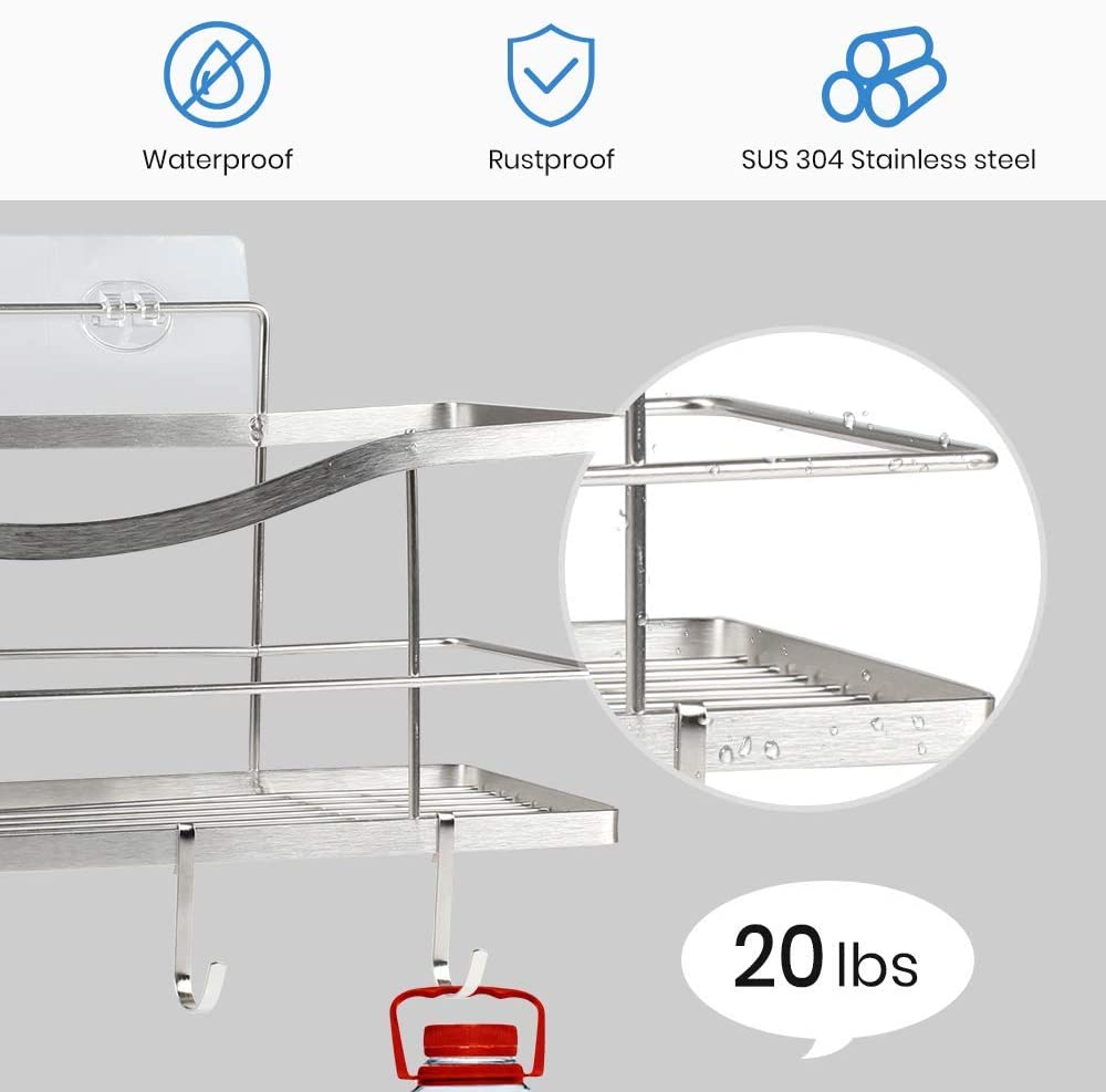 Adhesive Shower Caddy Shelf Shower Organizer Basket Wall with 4 Hooks for Razor Shampoo Holder Hanging Bathroom Shower Storage Rack-Silver-SUS 304 Rustproof