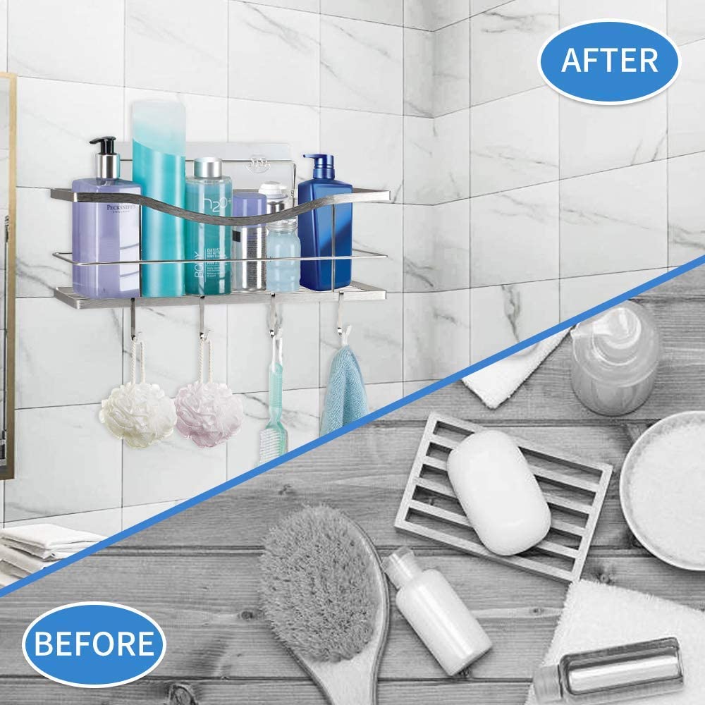 Adhesive Shower Caddy Shelf Shower Organizer Basket Wall with 4 Hooks for Razor Shampoo Holder Hanging Bathroom Shower Storage Rack-Silver-SUS 304 Rustproof
