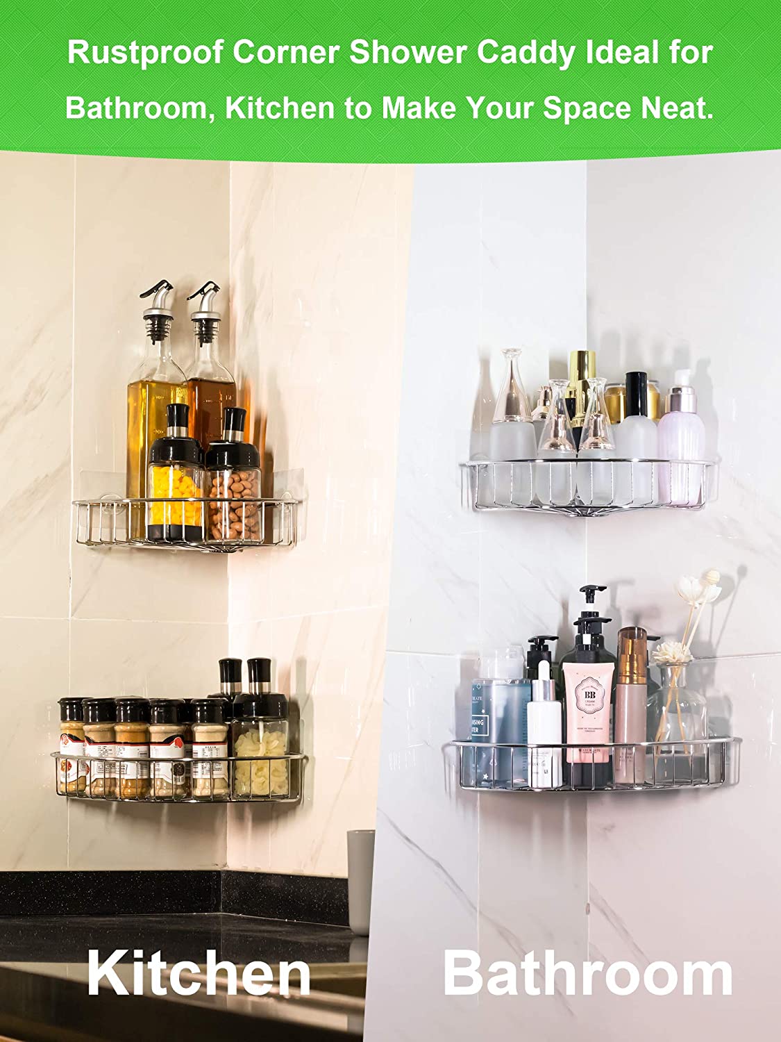 2-Pack Corner Shower Caddy, SUS304 Stainless Steel, Wall Mounted Bathroom Shelf with Adhesive, Storage Organizer for Toilet, Dorm and Kitchen (Silver)