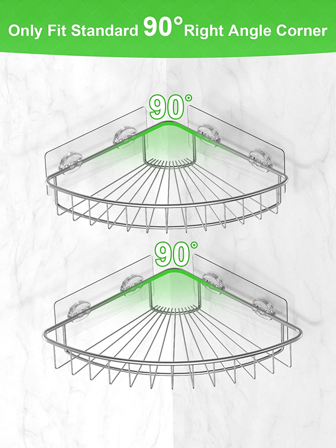 2-Pack Corner Shower Caddy, SUS304 Stainless Steel, Wall Mounted Bathroom Shelf with Adhesive, Storage Organizer for Toilet, Dorm and Kitchen (Silver)