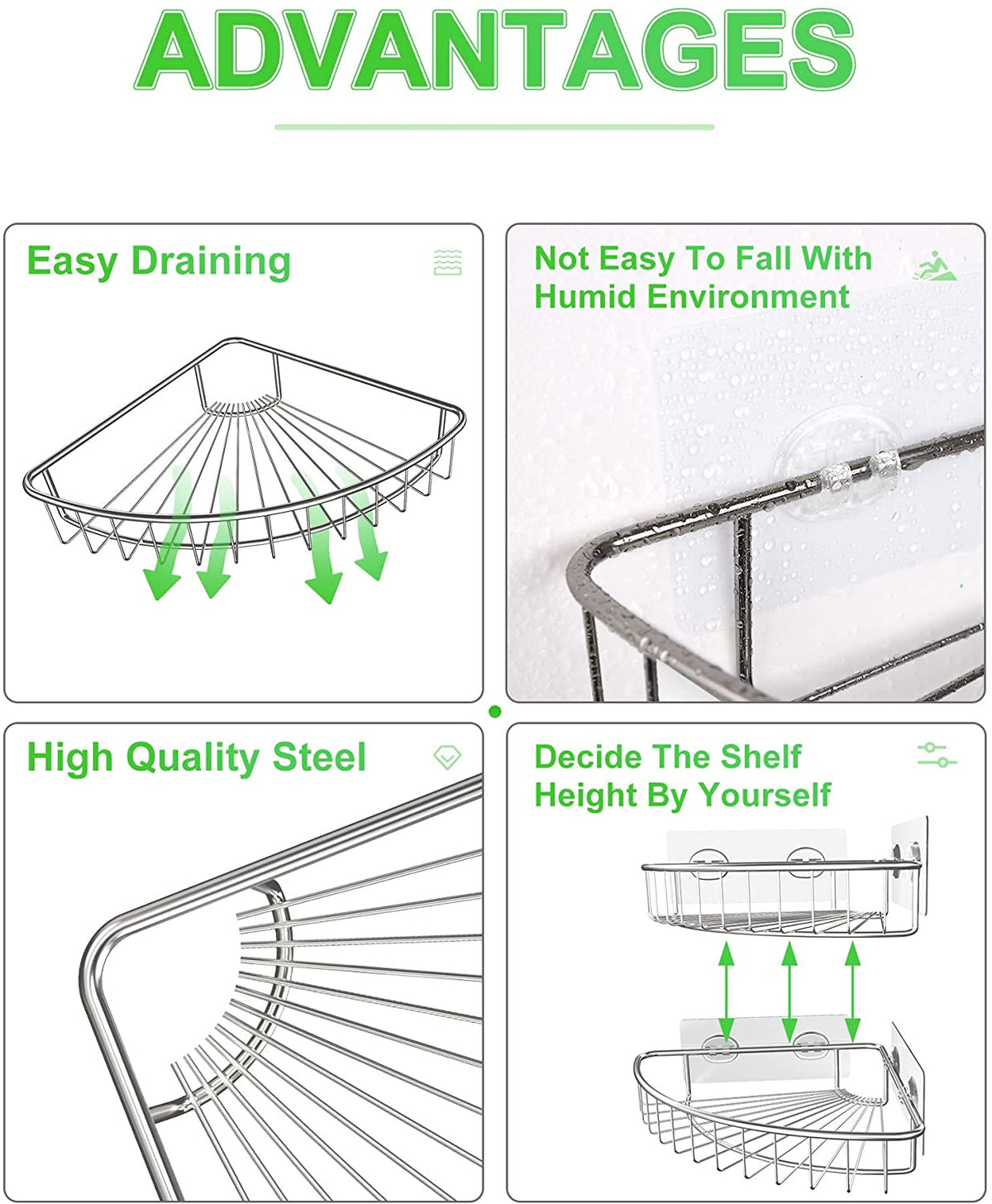 2-Pack Corner Shower Caddy, SUS304 Stainless Steel, Wall Mounted Bathroom Shelf with Adhesive, Storage Organizer for Toilet, Dorm and Kitchen (Silver)