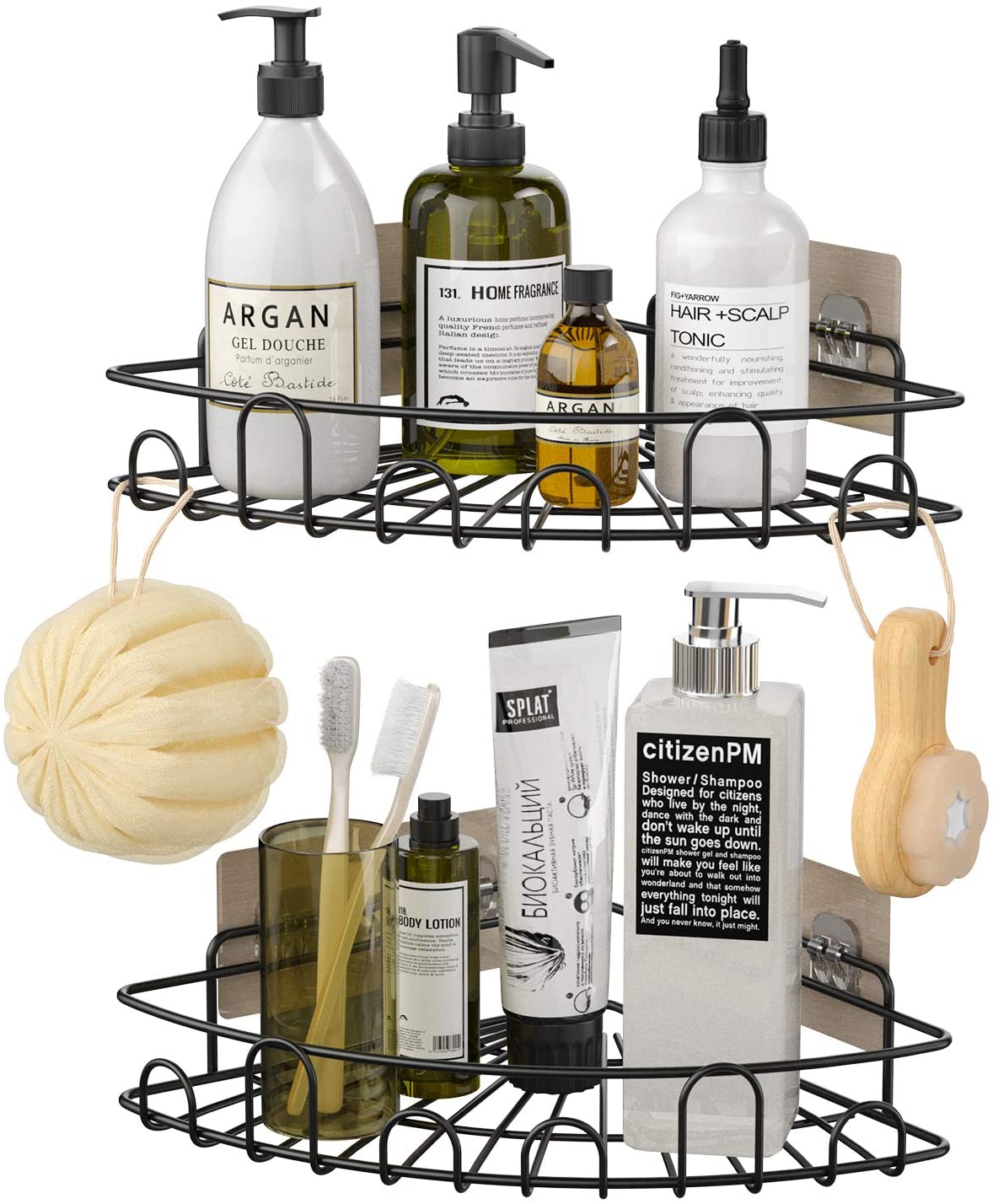 Shower Caddy Corner Bathroom Shelf Shower Rack with 8 Traceless Adhesive Hooks, No Drilling Shower Organizer Wall Mounted Storage Organizer for Kitchen Toilet Dorm, 2 PACK