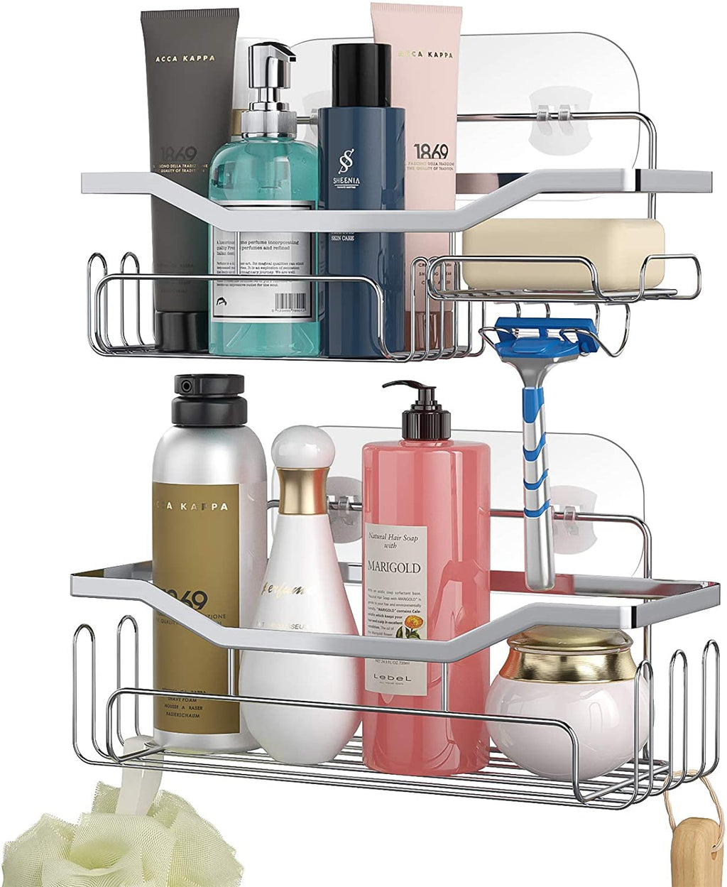 Shower Caddy Shower Storage Rack with 11 Hooks for Hanging Shower Ball and Razor, Shampoo Holder Organizer No Drilling Shower Shelf with 4 Traceless Adhesive Hooks