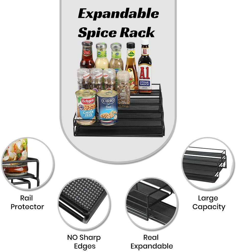 Organizer Spice Racks 3 Tier Expandable Spice Rack Organizer for Cabinet Kitchen Shelf Organizers Step Holder Riser for Pantry Bathroom-Black
