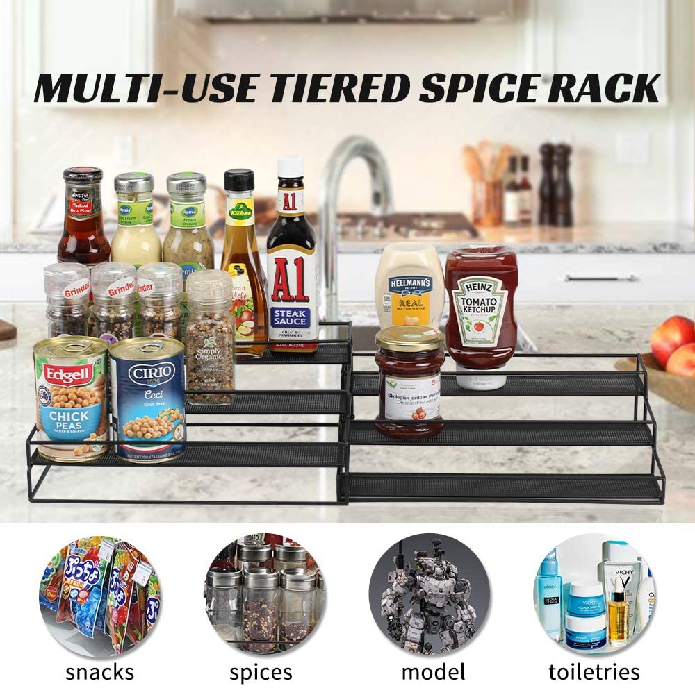 Organizer Spice Racks 3 Tier Expandable Spice Rack Organizer for Cabinet Kitchen Shelf Organizers Step Holder Riser for Pantry Bathroom-Black