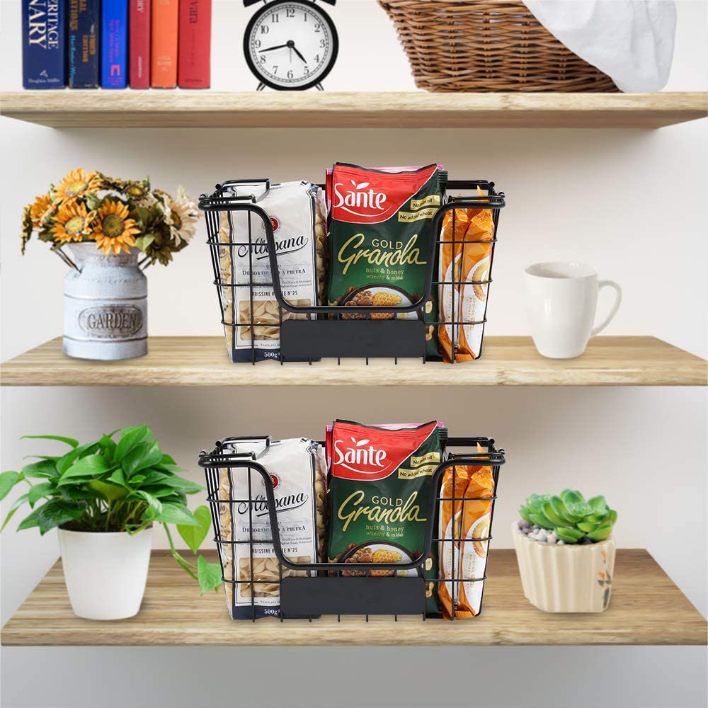 2PK-Stackable Wire Baskets XXL Produce Fruit Basket Vegetable Bins with Handles Freezer Metal Baskets for Kitchen Cabinets, Pantry, Closets, Bathrooms-Black