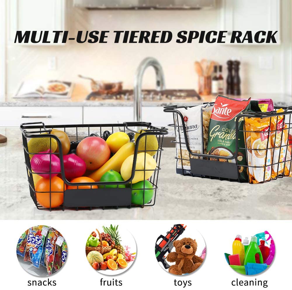 2PK-Stackable Wire Baskets XXL Produce Fruit Basket Vegetable Bins with Handles Freezer Metal Baskets for Kitchen Cabinets, Pantry, Closets, Bathrooms-Black